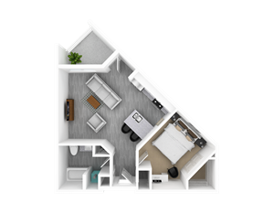 Floorplan Photos Gallery Luxury 1 Bedroom 1 Bathroom, 744 sqft, 3D Floorplan at The Whit in Indianapolis, IN 46204